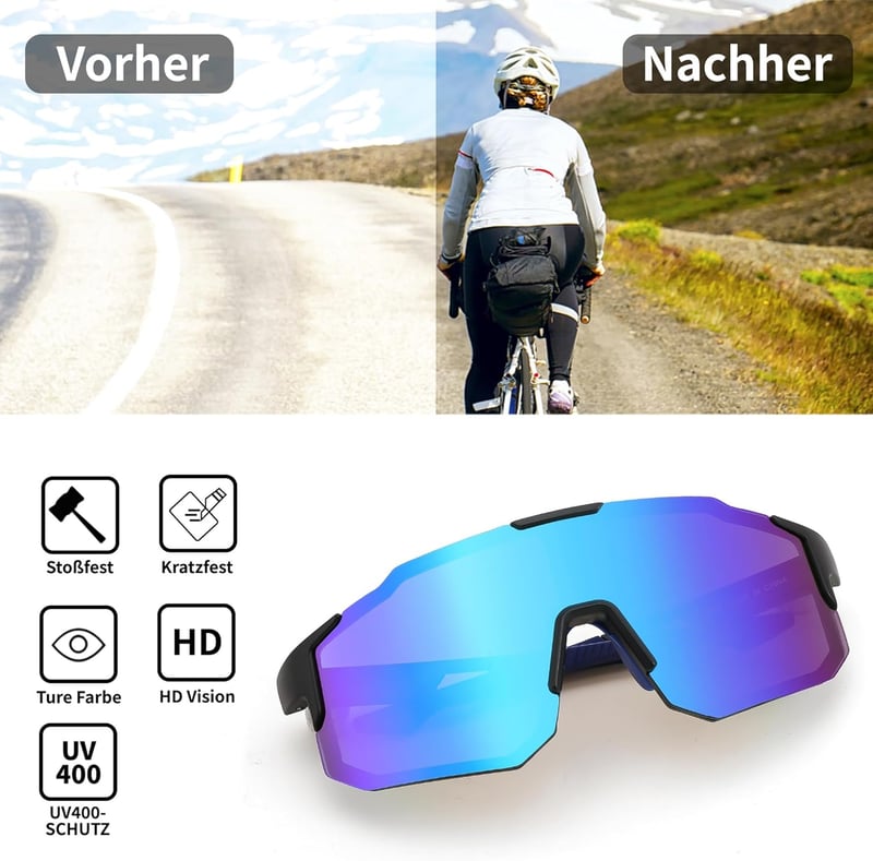 FEISEDY Sportnapszemüveg Férfiaknak Nőknek - Tükrös Kerékpáros Szemüveg UV400 Védelemmel - MTB, Országúti Biciklizéshez, Futáshoz, Kék