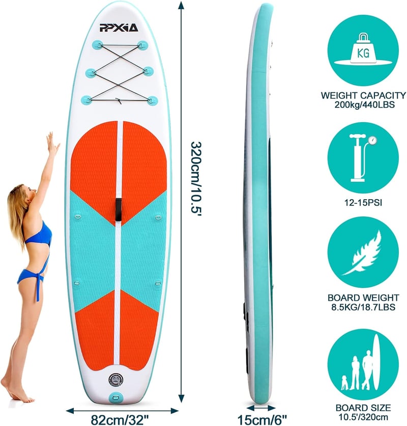 Felfújható SUP Deszka 320x82x15 cm, Stand Up Paddle Board Szett Teljes Kiegészítőkkel, 200 kg Teherbírás, Csúszásmentes Felület Gyerekeknek 