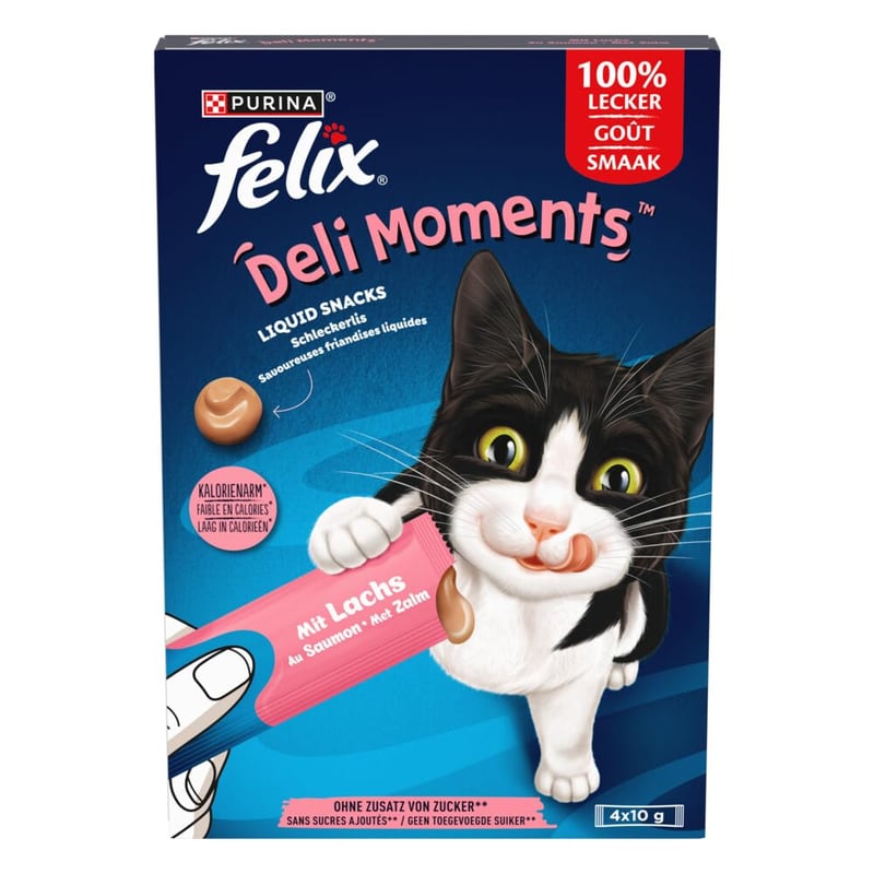 Felix Deli Moments tekutá pochúťka pre mačky a mačiatka s lososom, 4x10g vrecúška