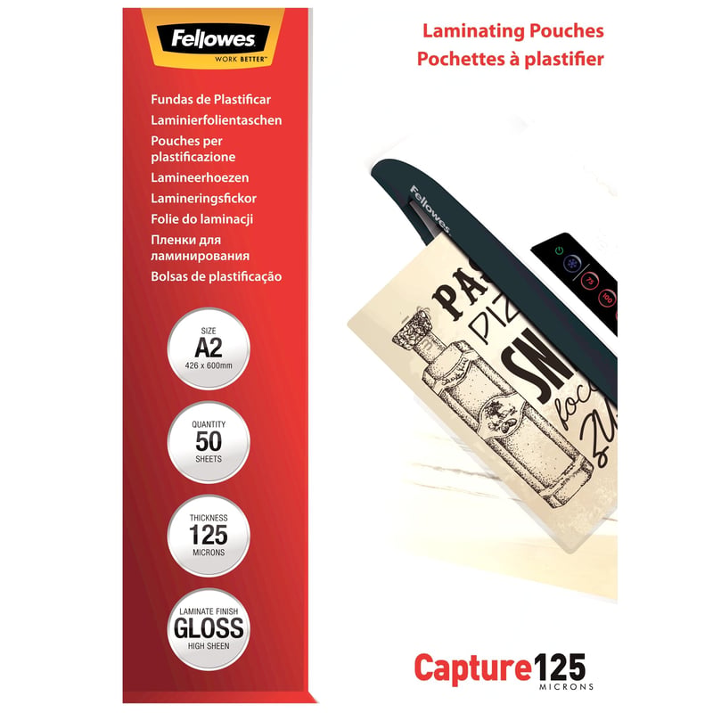 Fellowes Capture A2 méretű fényes lamináló fólia 125 mikron 50 db-os csomag átlátszó felületvédő tasak dokumentumokhoz és fotókhoz