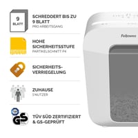 Skartovačka Fellowes FS-9C – priečny rez, 9 listov, stupeň utajenia P4, kôš 17 l, 31 listov/min, detská poistka, biela 2