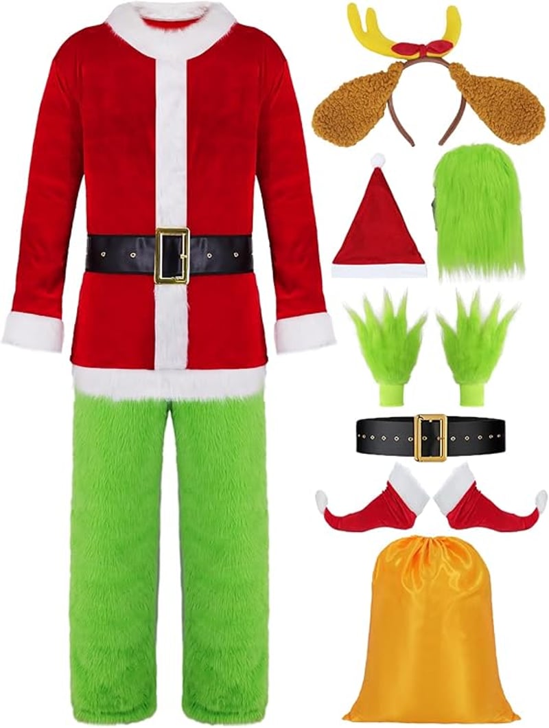 Felnőtt Grincs Mikulás Jelmez Szett Karácsonyi Sapkával és Zsákkal 3XL-es méret - Zöld Szörnyeteg Cosplay Ruha Férfiaknak Karácsonyi Bulira