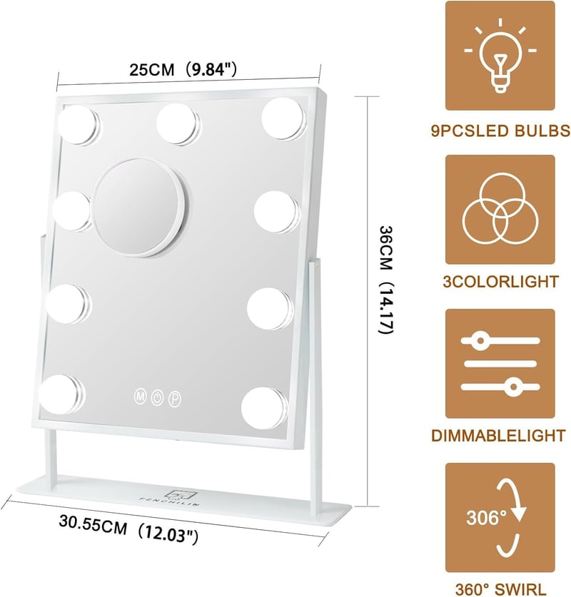 FENCHILIN Hollywood Sminkespegel 9 LED Izzóval, 3 Szín, 360° Forgatható