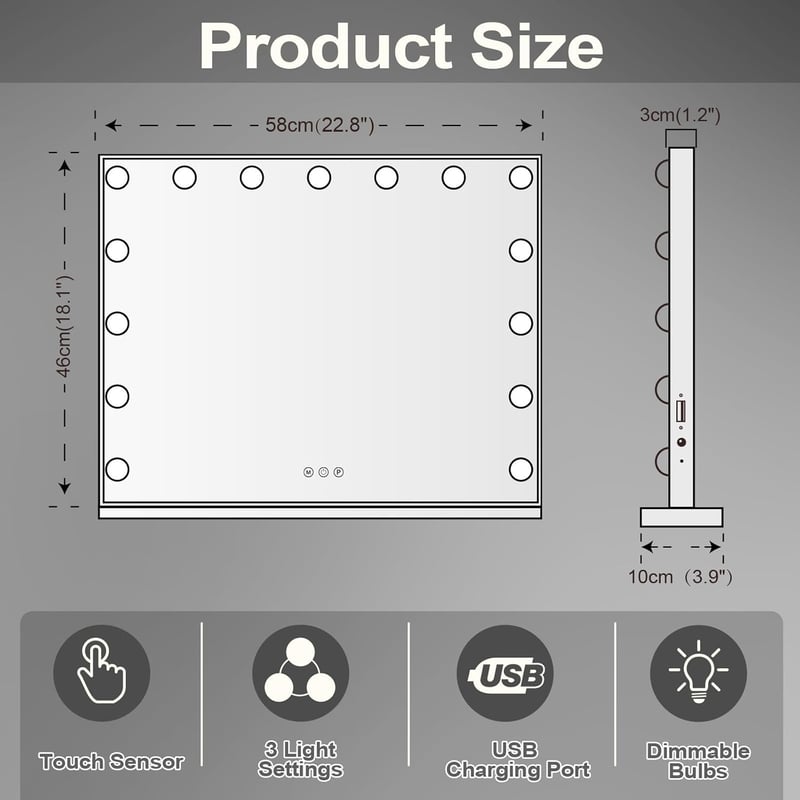 FENCHILIN Hollywood Sminkespegel USB-C csatlakozással, 15 LED lámpa, 3 fényerő mód