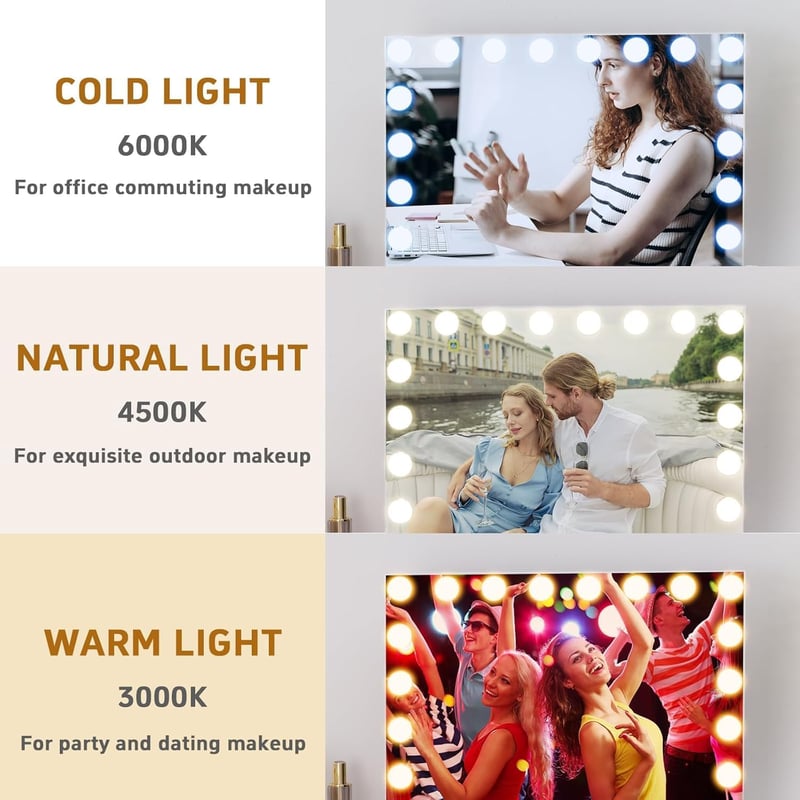 FENCHILIN Hollywood Sminkespegel USB-s 18 LED Lámpával 3 Színhőmérséklet Fehér