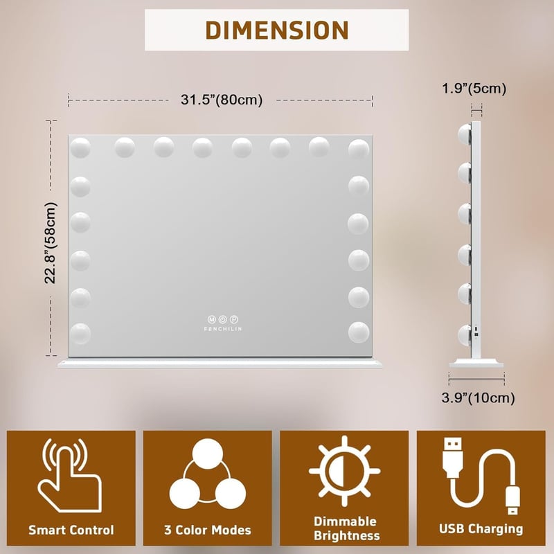 FENCHILIN Hollywood Sminkespegel USB-s 18 LED Lámpával 3 Színhőmérséklet Fehér