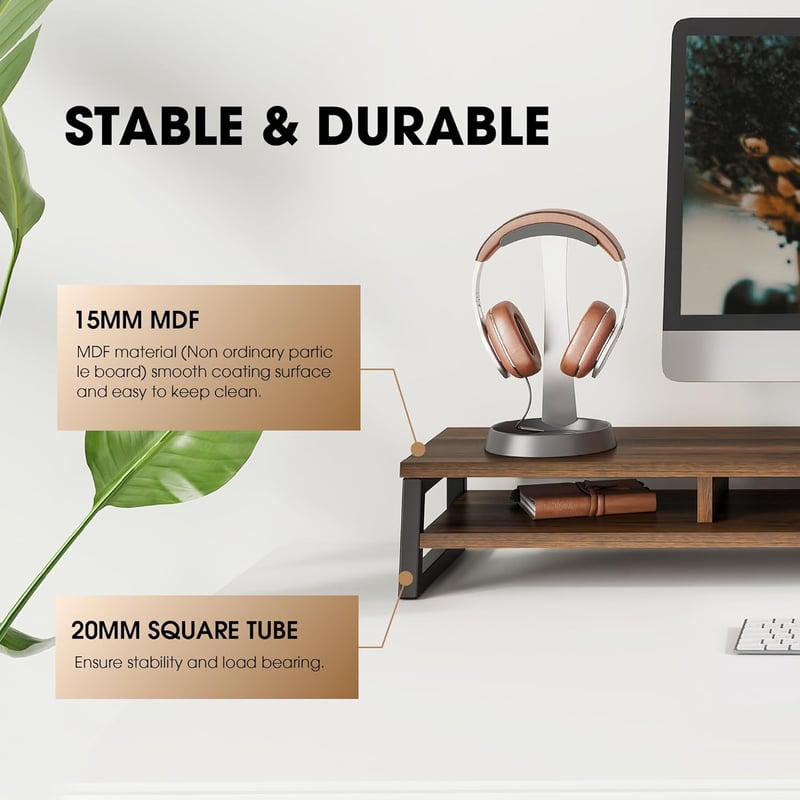Fenge 108 cm-es Dupla Monitor Állvány - Ergonomikus PC/Laptop/Nyomtató Tartó, 45 kg Teherbírás, 2 Szintes Íróasztal Szervező, Barna