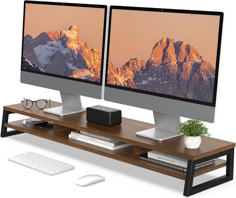 Fenge 108 cm-es Dupla Monitor Állvány - Ergonomikus PC/Laptop/Nyomtató Tartó, 45 kg Teherbírás, 2 Szintes Íróasztal Szervező, Barna