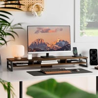 Fenge 108 cm-es Dupla Monitor Állvány - Ergonomikus PC/Laptop/Nyomtató Tartó, 45 kg Teherbírás, 2 Szintes Íróasztal Szervező, Barna 7