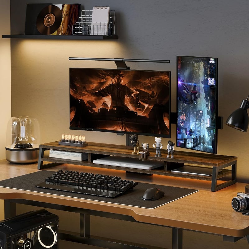 Fenge 108 cm-es Dupla Monitor Állvány - Ergonomikus PC/Laptop/Nyomtató Tartó, 45 kg Teherbírás, 2 Szintes Íróasztal Szervező, Barna