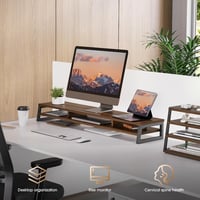 Fenge 108 cm-es Dupla Monitor Állvány - Ergonomikus PC/Laptop/Nyomtató Tartó, 45 kg Teherbírás, 2 Szintes Íróasztal Szervező, Barna 2