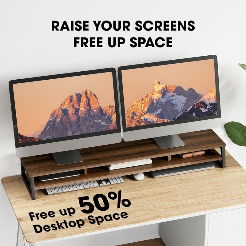 Fenge 108 cm-es Dupla Monitor Állvány - Ergonomikus PC/Laptop/Nyomtató Tartó, 45 kg Teherbírás, 2 Szintes Íróasztal Szervező, Barna