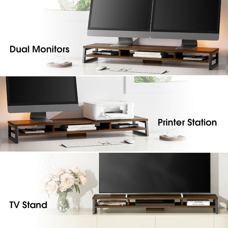 Fenge 108 cm-es Dupla Monitor Állvány - Ergonomikus PC/Laptop/Nyomtató Tartó, 45 kg Teherbírás, 2 Szintes Íróasztal Szervező, Barna