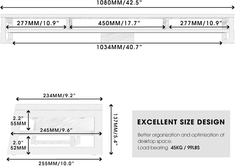 Fenge 108 cm-es Dupla Monitor Állvány - Ergonomikus PC/Laptop/Nyomtató Tartó, 45 kg Teherbírás, 2 Szintes Íróasztal Szervező, Barna