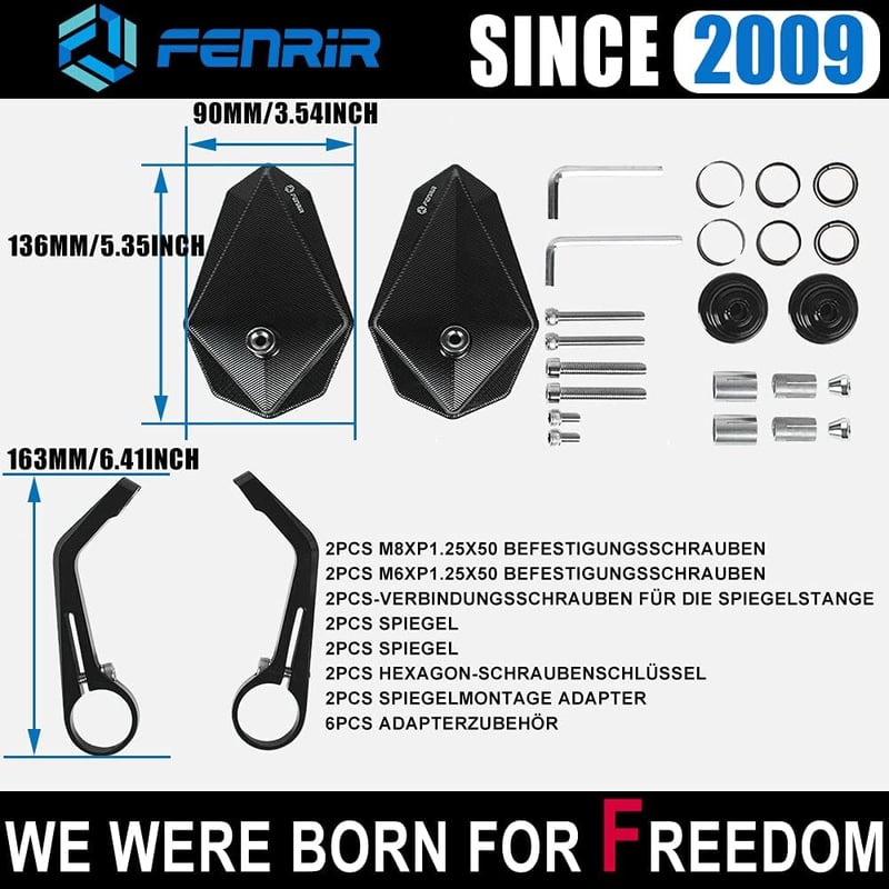 FENRIR E24 Motorkerékpár Visszapillantó Tükör CNC Fekete E-Jóváhagyott