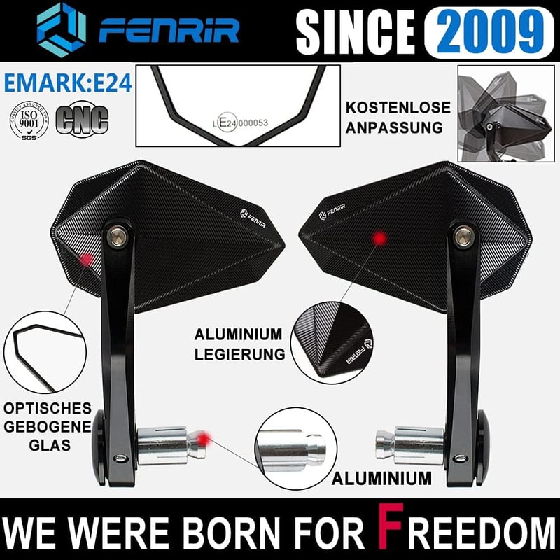FENRIR E24 Motorkerékpár Visszapillantó Tükör CNC Fekete E-Jóváhagyott