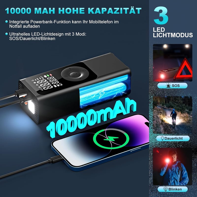 Feolaviy Elektromos Kompresszor 150 PSI - Akkumulátoros Pumpa 10000 mAh, Digitális LCD Kijelzővel, LED Lámpával, Autó/Kerékpár/Labda Felfújá