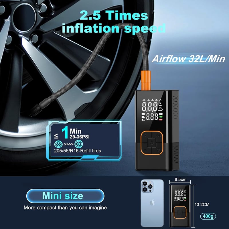 Feolaviy Mini Elektromos Pumpa 6000 mAh Akkumulátorral - 150 PSI Hordozható Kerékpár Kompresszor LED Lámpával - Újratölthető Pumpa Biciklire