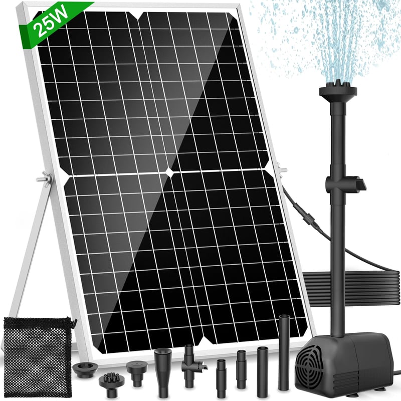 FEOXSHAL Solarna pumpa za vrtno jezerce 25W, protok 1700 L/H, 4 vrste mlaznica, produžni kabel od 4M, filtarska vrećica, vrtna fontana, jezerce, akvarij, slap