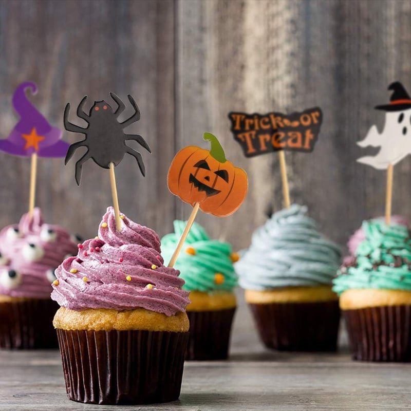 FEPITO Halloween Cupcake Toppers 60 db Fogvájó Dekoráció Tortához Partira