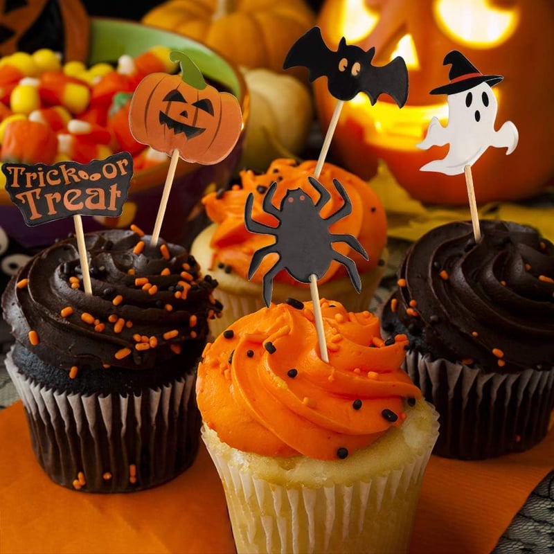 FEPITO Halloween Cupcake Toppers 60 db Fogvájó Dekoráció Tortához Partira