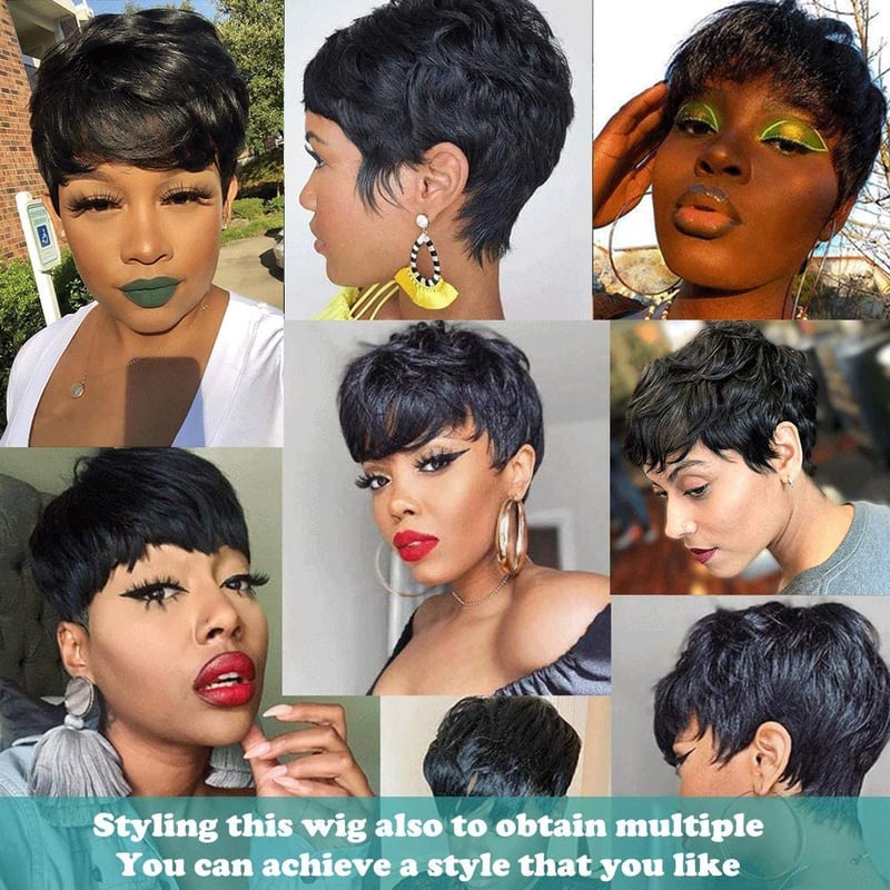 Fereowth Pixie Cut Valódi Hajból Készült Paróka Fekete Női Rövid Haj Frufruval
