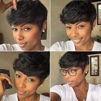 Fereowth Pixie Cut Valódi Hajból Készült Paróka Fekete Női Rövid Haj Frufruval 9