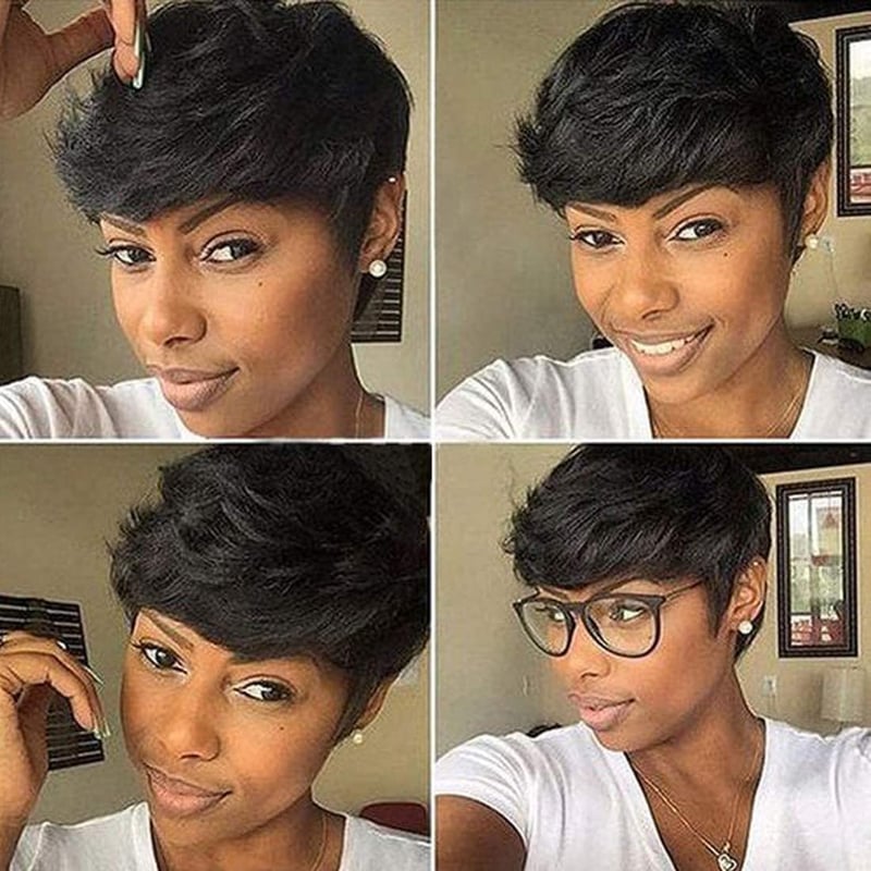 Fereowth Pixie Cut Valódi Hajból Készült Paróka Fekete Női Rövid Haj Frufruval