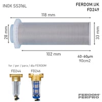 Cartuș filtrant de rezervă din oțel inoxidabil FERPRO FERDOM FD249, 40-60 microni - 2 bucăți - Pentru prefiltrul FD244 FD246 - Diametru 33 mm, Înălțime 102 mm, Suprafață de filtrare 90 cm² 2
