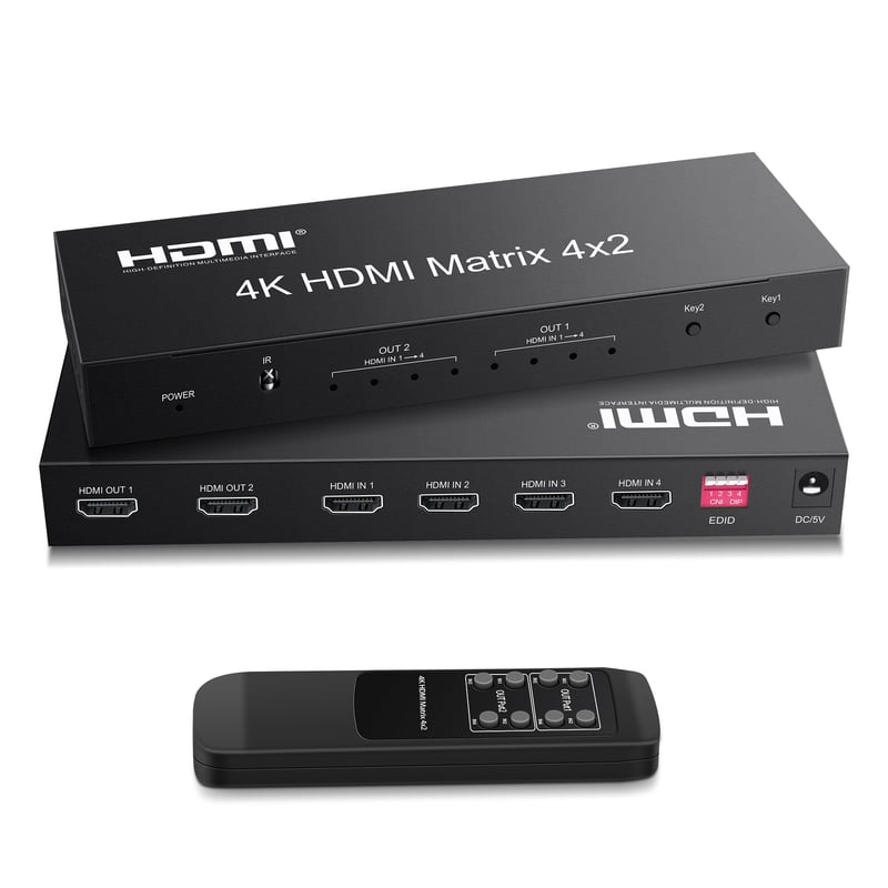 HDMI Matrix prepínač FERRISA 4x2 – rozbočovač so 4 vstupmi a 2 výstupmi, 4K Ultra HD, 3D 1080P, optický a 3,5 mm L/R audio výstup, EDID extraktor, s IR diaľkovým ovládaním