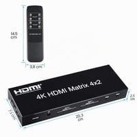 HDMI Matrix prepínač FERRISA 4x2 – rozbočovač so 4 vstupmi a 2 výstupmi, 4K Ultra HD, 3D 1080P, optický a 3,5 mm L/R audio výstup, EDID extraktor, s IR diaľkovým ovládaním 8
