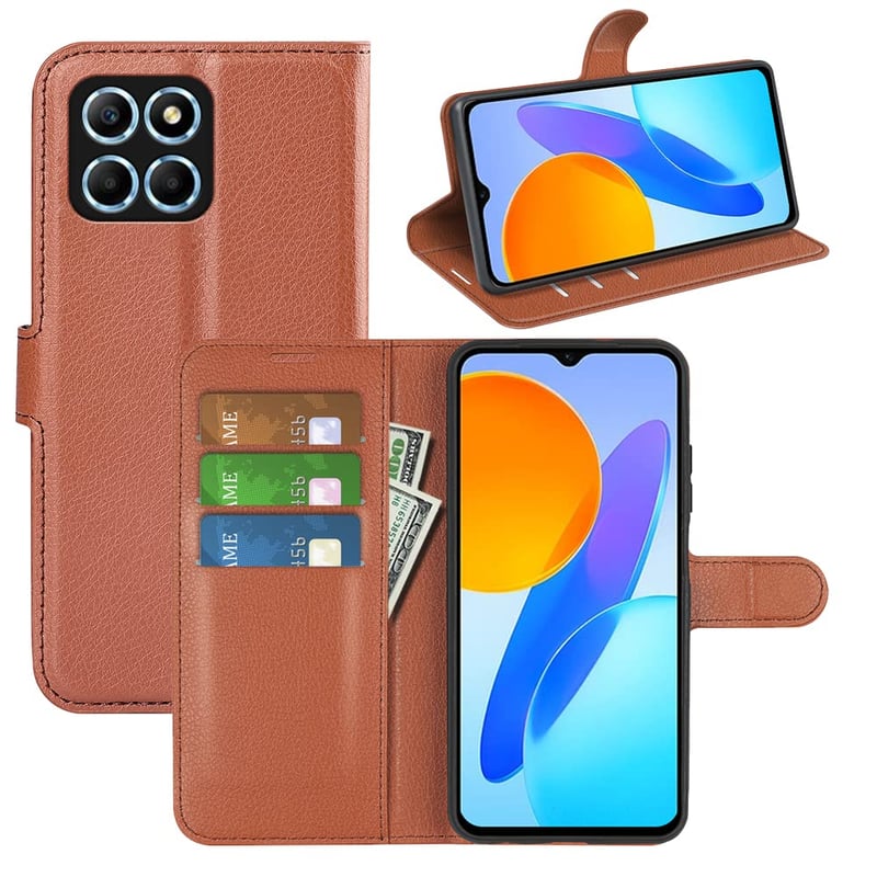 Puzdro na mobil Fertuo Flip pre Honor X6 / Honor X8 5G / Honor 70 Lite, kožené peňaženkové puzdro so stojanom, priehradkou na karty, magnetickým uzatváraním a silikónovým rámom, hnedé