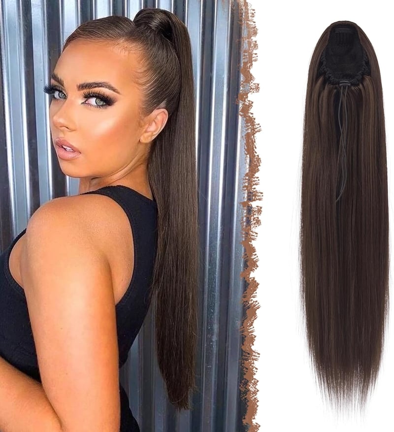 Extensie de coadă de cal FESHFEN de 24 inch, cu aspect natural, dreaptă, cu șnur și clipsuri, pentru femei și fete șatene