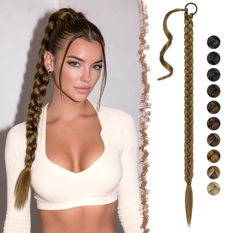 Extensie de păr FESHFEN 86 cm, coadă împletită, șaten deschis, din fibră sintetică, cu sistem de prindere elastic