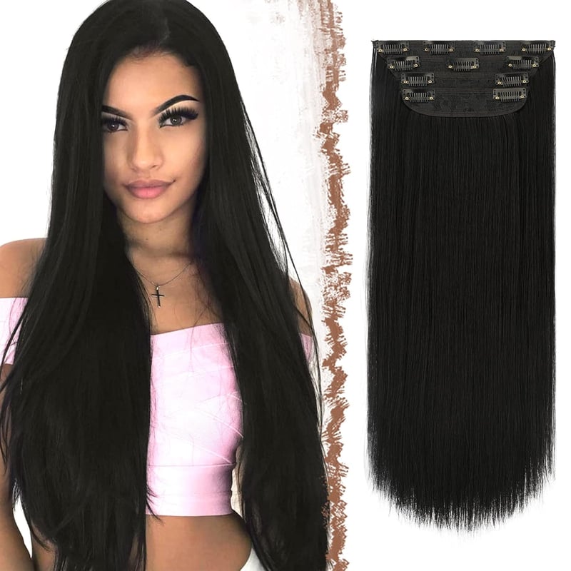 FESHFEN Csatos Hajhosszabbítás 4 Darabos Szett 50 cm Fekete Szintetikus Egyenes Haj Klipszekkel Nőknek