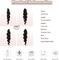 Coadă de cal extensie FESHFEN din fibră sintetică, ondulată, 24 inch (60 cm), negru natural, cu clips și panglică de fixare pentru femei și fete 5