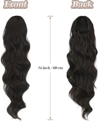 Coadă de cal extensie FESHFEN din fibră sintetică, ondulată, 24 inch (60 cm), negru natural, cu clips și panglică de fixare pentru femei și fete 2