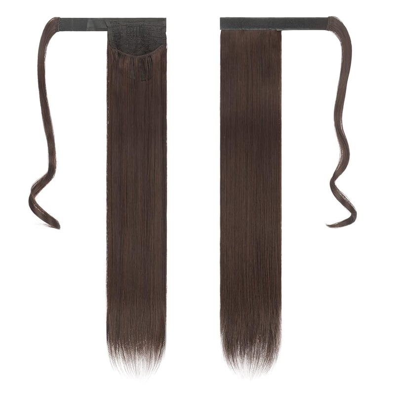 FESHFEN hosszú egyenes lófarok haj extension, szintetikus copf, vöröses sötétbarna, 60 cm