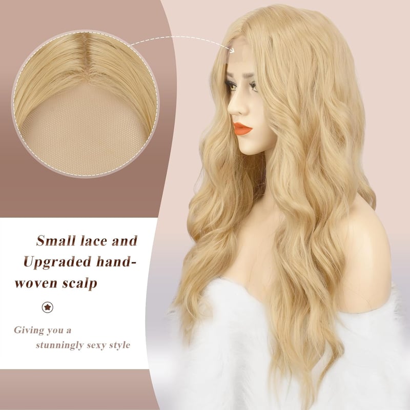 FESHFEN hosszú hullám paróka szőke lace front szintetikus haj 65 cm