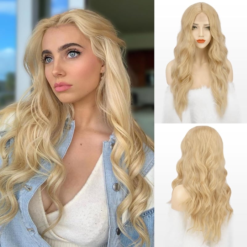 FESHFEN hosszú hullám paróka szőke lace front szintetikus haj 65 cm
