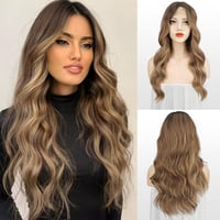FESHFEN hosszú hullámos paróka barna balayage lace front középválasztással 65cm 1