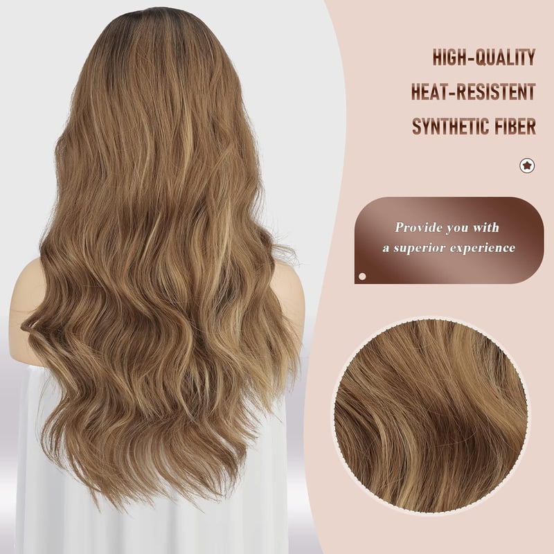 FESHFEN hosszú hullámos paróka barna balayage lace front középválasztással 65cm