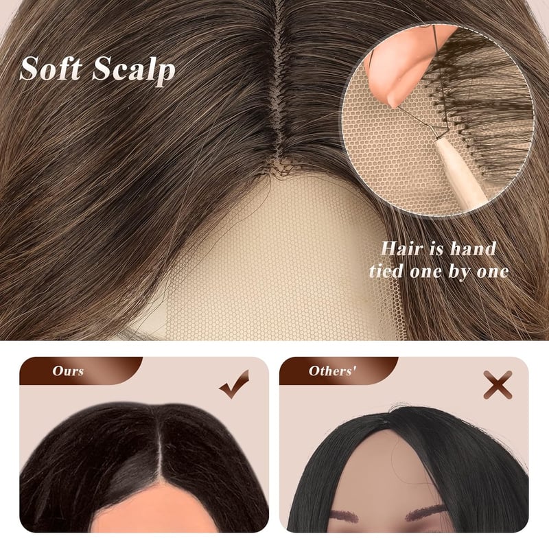 FESHFEN hosszú hullámos paróka barna balayage lace front középválasztással 65cm