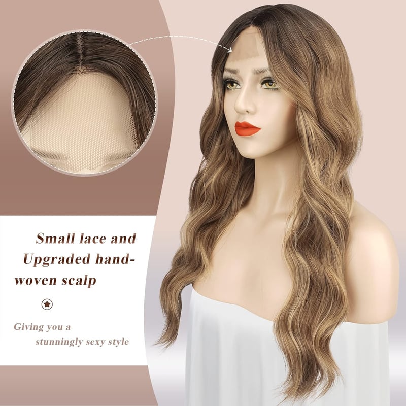 FESHFEN hosszú hullámos paróka barna balayage lace front középválasztással 65cm