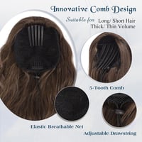 Extensie coadă de cal lungă FESHFEN din păr sintetic, șaten, ondulat, cu șuviță împletită și pieptene, 60 cm, șaten amestecat 3