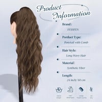 Extensie coadă de cal lungă FESHFEN din păr sintetic, șaten, ondulat, cu șuviță împletită și pieptene, 60 cm, șaten amestecat 5