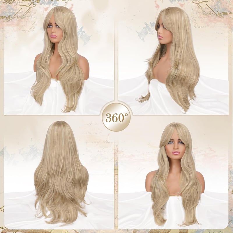 FESHFEN hosszú rétegzett paróka frufruval, balayage szőke, szintetikus haj, 65 cm