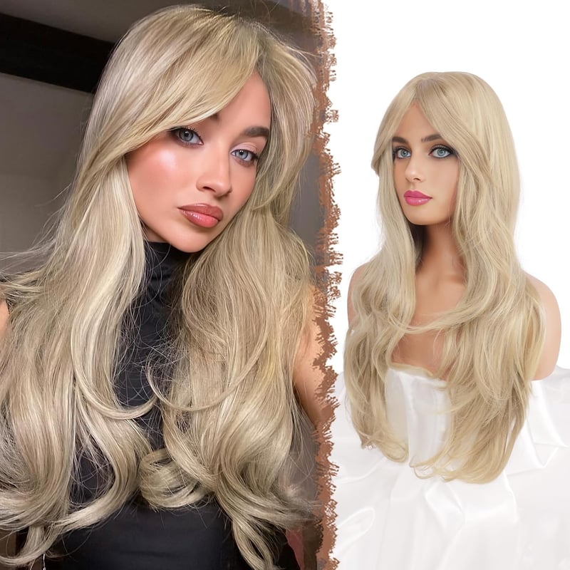 FESHFEN hosszú rétegzett paróka frufruval, balayage szőke, szintetikus haj, 65 cm