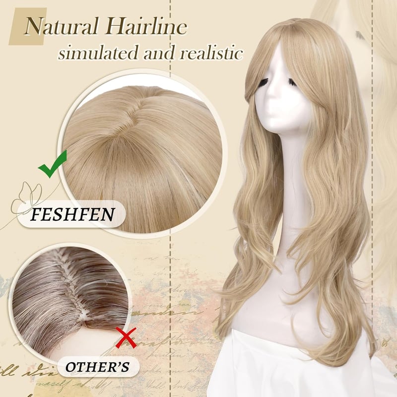FESHFEN hosszú rétegzett paróka frufruval, balayage szőke, szintetikus haj, 65 cm