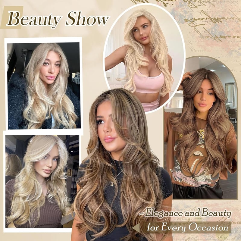 FESHFEN hosszú rétegzett paróka frufruval, balayage szőke, szintetikus haj, 65 cm